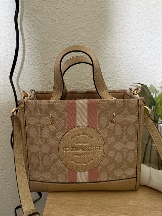 Coach Handbags - COACH Tan Signature Satchel with Pink and Cream Stripe